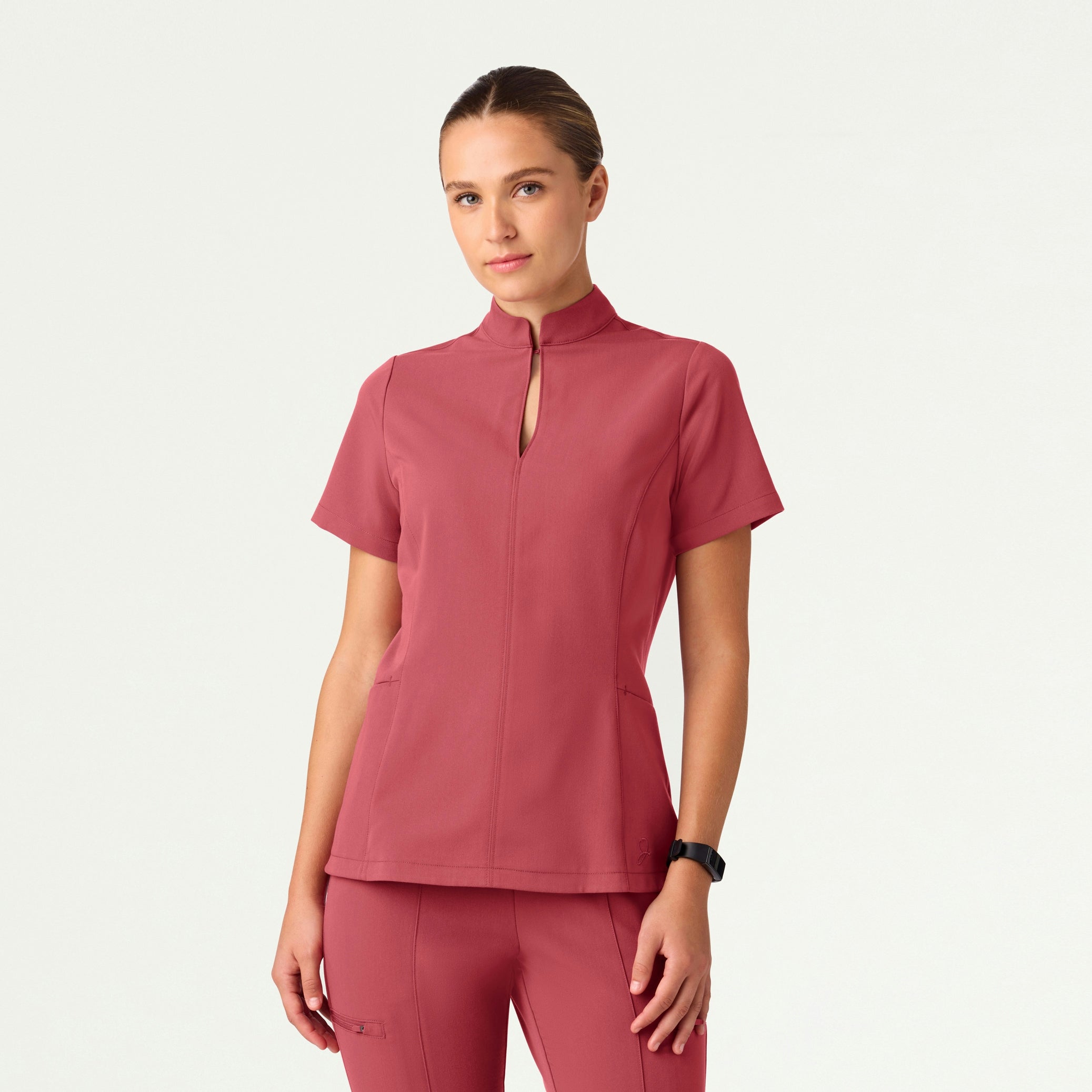 Aria Fit & Flare Mock-Neck Scrub Top - Mulberry - WOMEN'S TOPS - Jaanuu