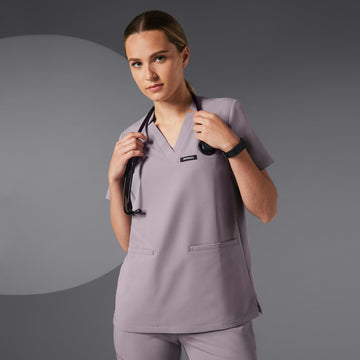 Helia Notched V-Neck Scrub Top - Chrome
