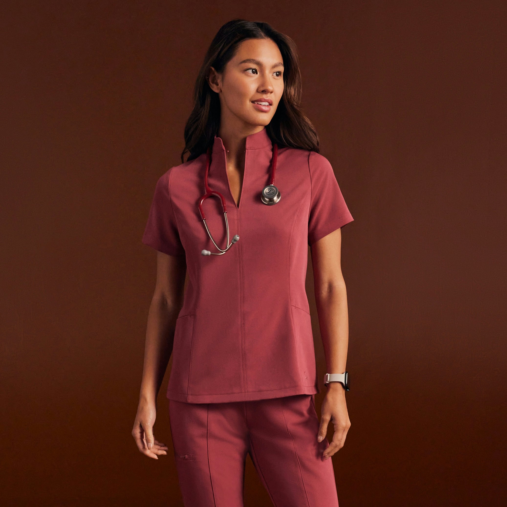 Aria Fit & Flare Mock-Neck Scrub Top - Mulberry - WOMEN'S TOPS - Jaanuu