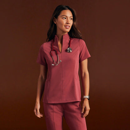 Aria Fit & Flare Mock-Neck Scrub Top - Mulberry - WOMEN'S TOPS - Jaanuu