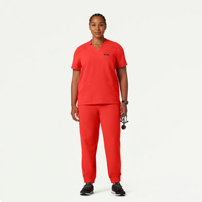 Helia Notched V-Neck Scrub Top - Solar Red - WOMEN'S TOPS - Jaanuu