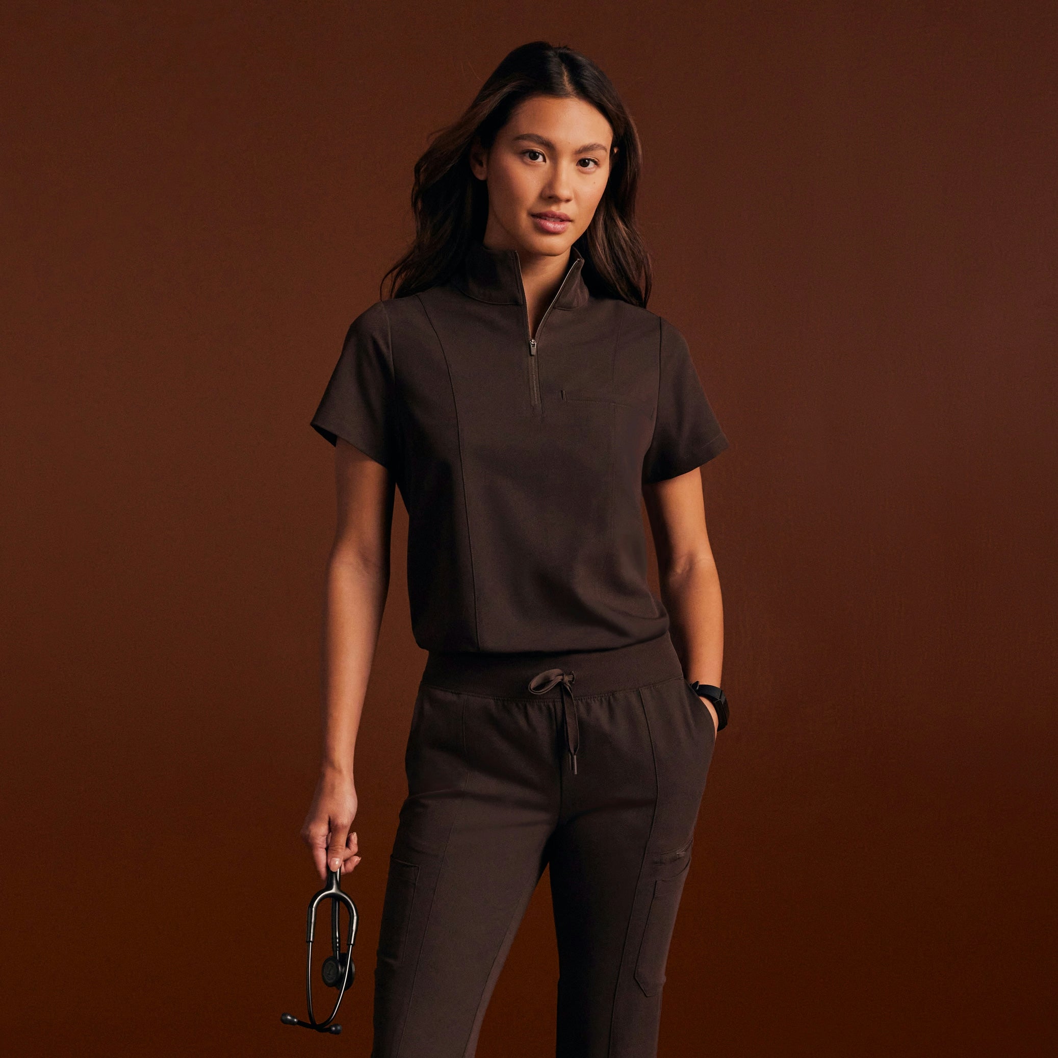 Nora Half-Zip Collared Scrub Top - Espresso - WOMEN'S TOPS - Jaanuu