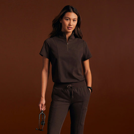 Nora Half-Zip Collared Scrub Top - Espresso - WOMEN'S TOPS - Jaanuu