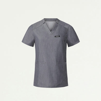 Helia Slim Notched V-Neck Scrub Top - Heather Gray - WOMEN'S TOPS - Jaanuu