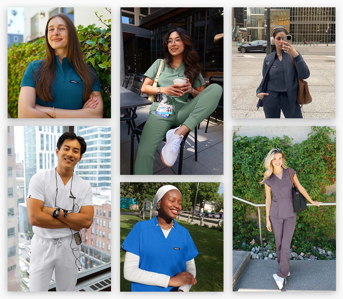 A grid of images featuring different JAANUU affiliates wearing JAANUU scrubs.
