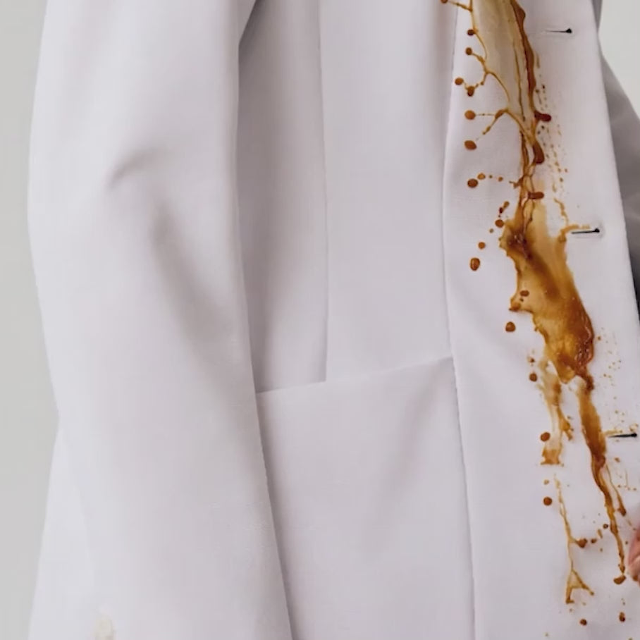 Stain-release technology clears up coffee, oil, and blood in the wash.
