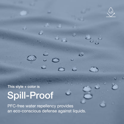 Close up image of fabric with water drops. Image has text: This style+color is Spill-Proof: PFC-free water repllency provides an eco-conscious defenseagains liquids.